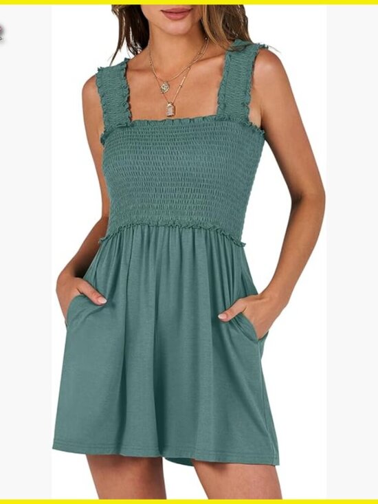 Pants - Sleeveless Square Neck Romper Smocked Backless Loose Fit Summer Casual